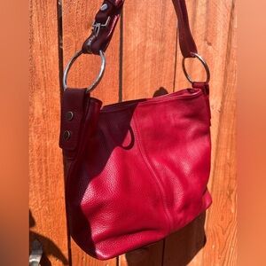 FP Firenze Red Leather Handbag with Plaid Interior